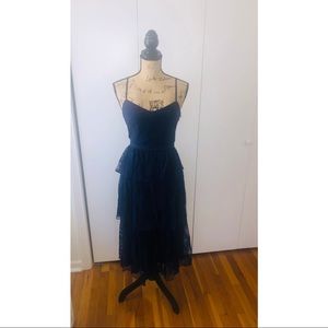 LOVE, BONITO LACE TIERED DEFINED WAIST NAVY BLUE MIDI DRESS RUFFLE DETAIL NWT